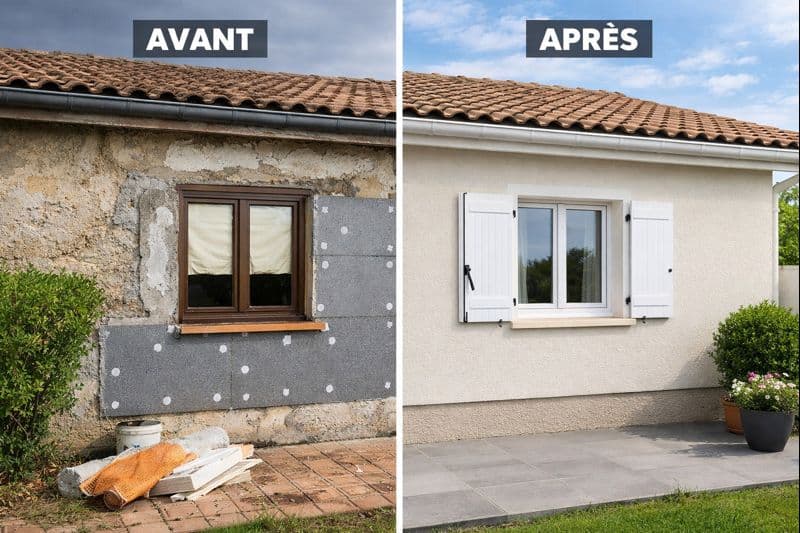 Maison avant et après isolation par l'extérieur