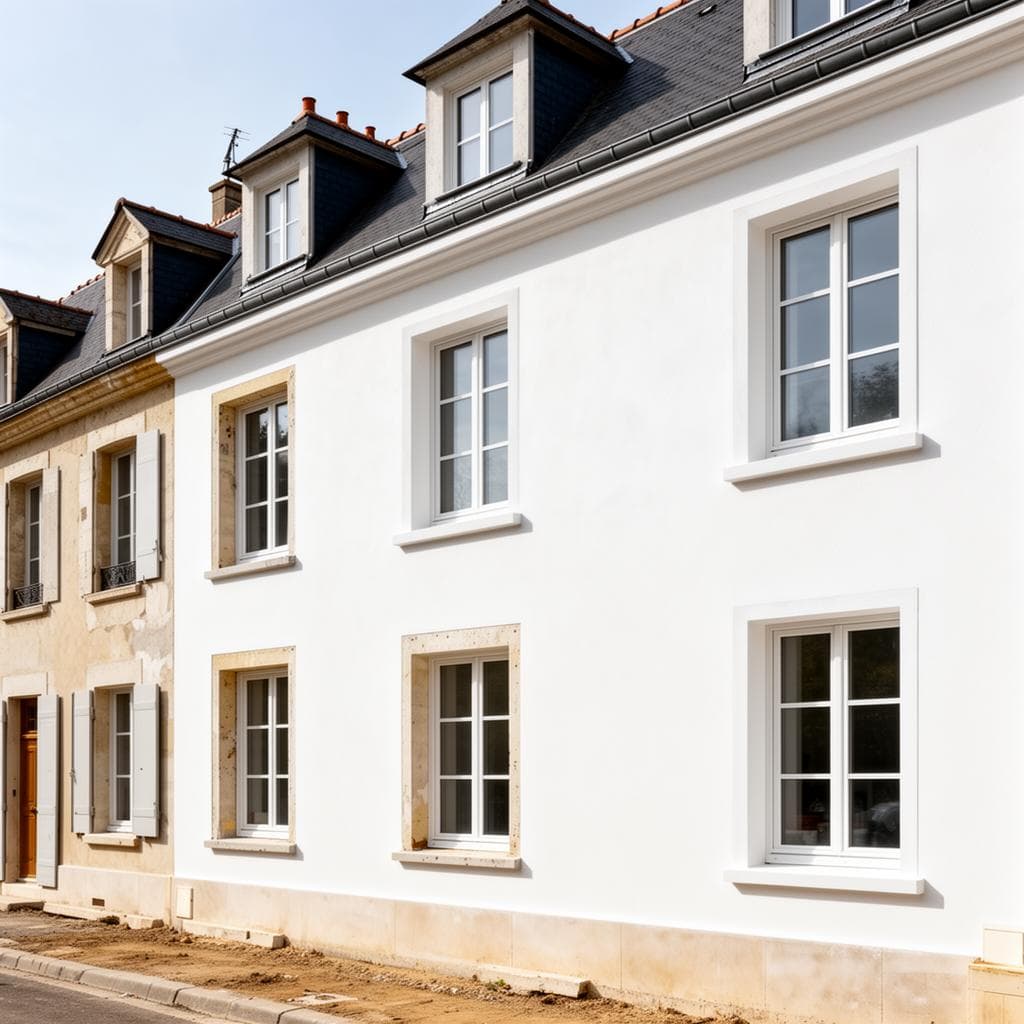 Façade de maison rénovée avec un enduit clair et des fenêtres blanches