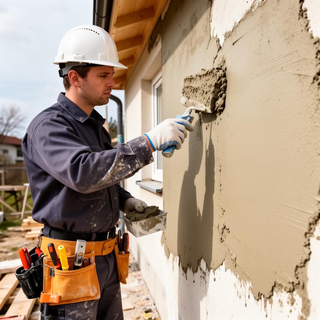 Façadier appliquant un enduit de finition à la taloche sur une façade isolée