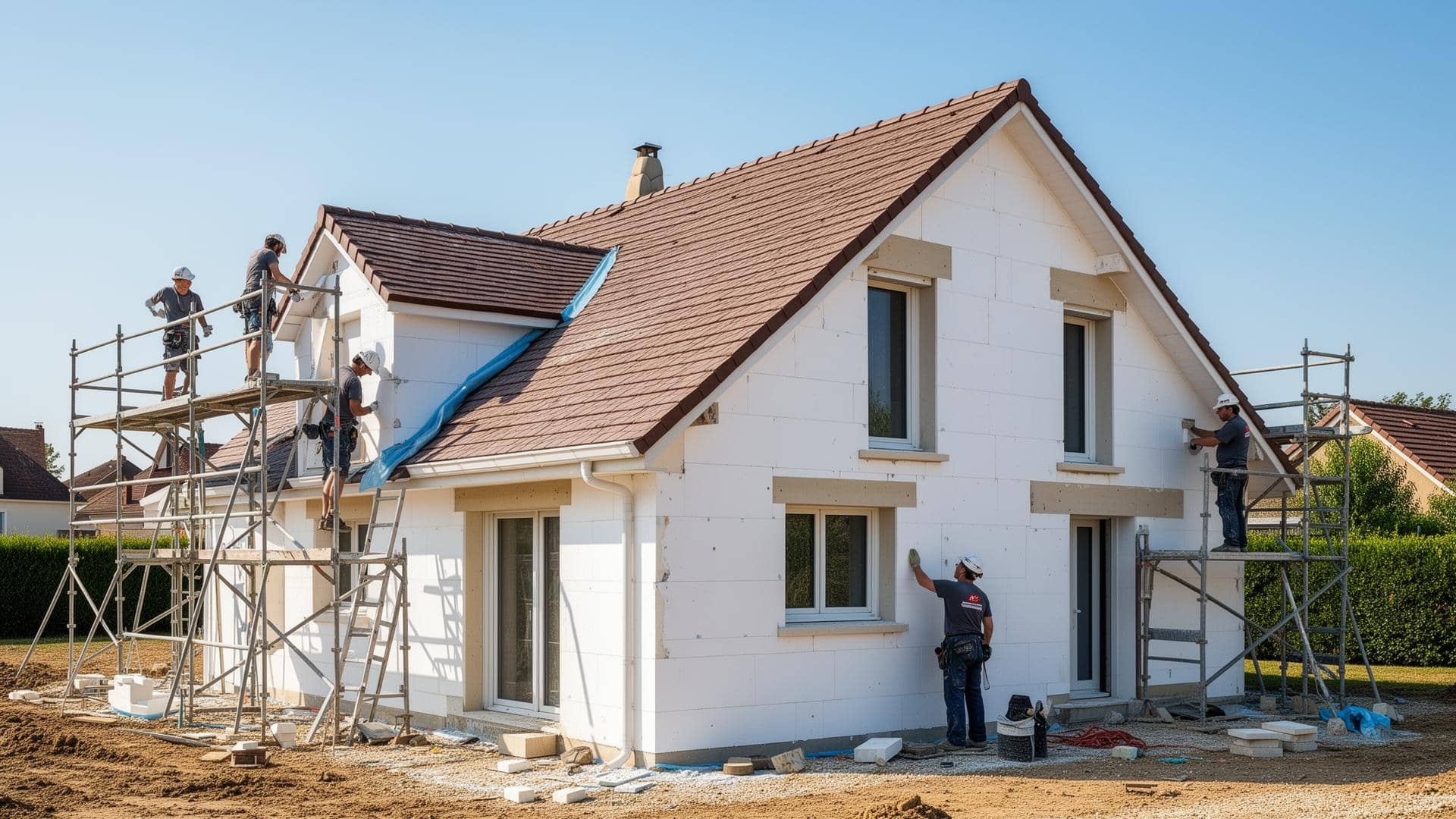 Maison individuelle en cours d'isolation par l'extérieur, panneaux isolants posés sur la façade et échafaudage