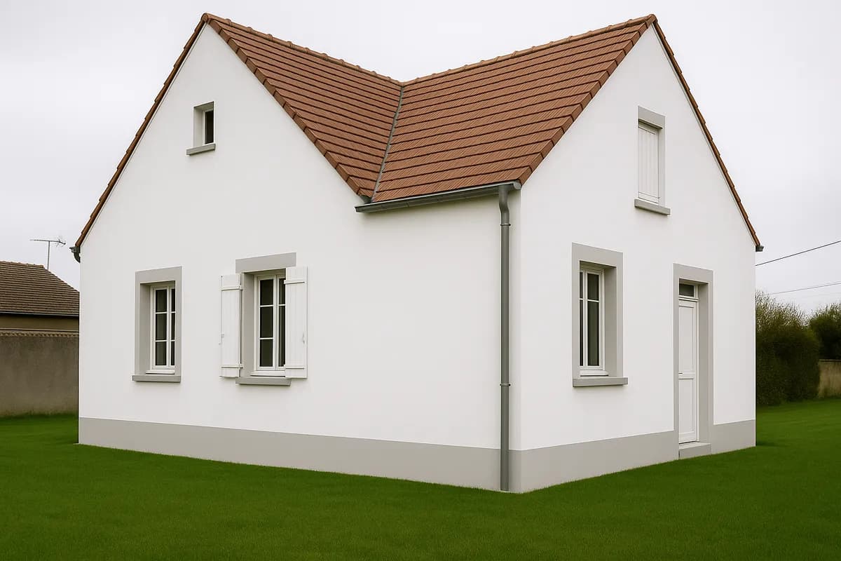 Maison individuelle après isolation par l'extérieur, façade enduite blanche et soubassement gris