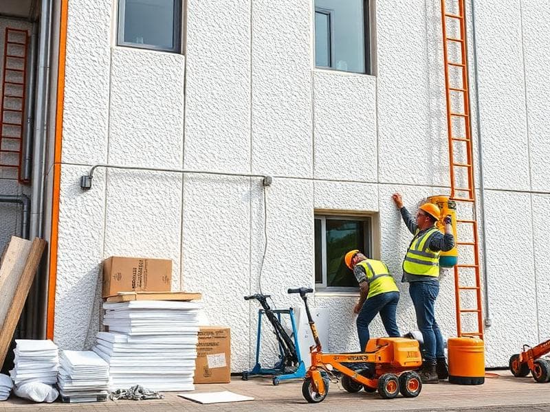 Artisans posant des panneaux isolants sur une façade
